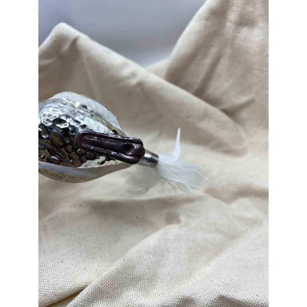 Vintage Glass Swan Ornament‎ White Gold Glitter Clip On Feather Tail Christmas